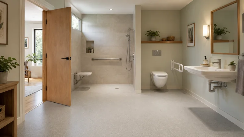 Barrierefreies Bad: Dusche ohne Schwelle mit Haltegriff in wohnlicher Gestaltung