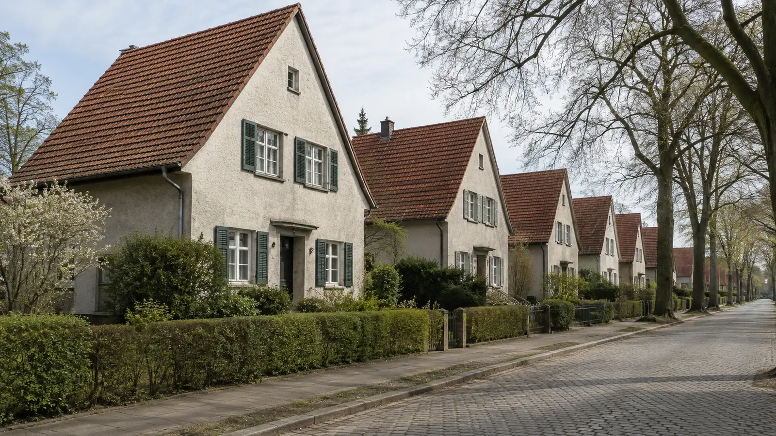 Siedlungshaus aus den 1920er Jahren mit Satteldach hinter einem Vorgarten