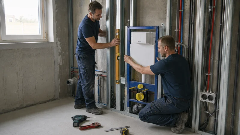 Montage des Vorwandelements fürs WC als Basis eines barrierefreien Bades ohne Klinikcharakter