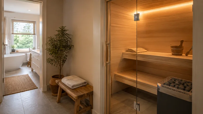 In das Badezimmer integrierte Saunakabine aus Holz