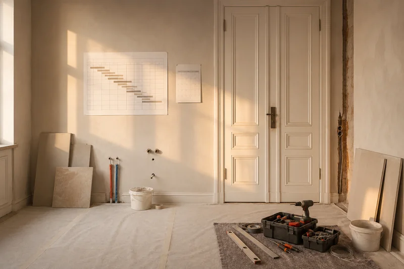 Ein Bauzeitenplan hängt an der Wand einer aufgeräumten Badbaustelle