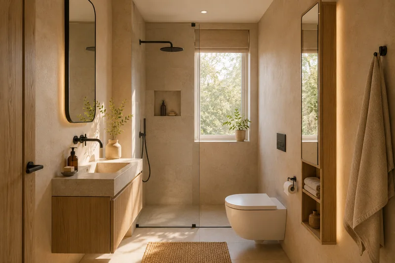 Kleines Bad auf vier Quadratmetern mit schmalem Waschtisch, Spiegelschrank und Dusche ohne Stufe
