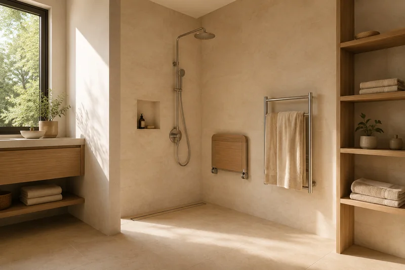 Förderung für den Badumbau: ebenerdige Dusche mit Klappsitz und Haltegriff