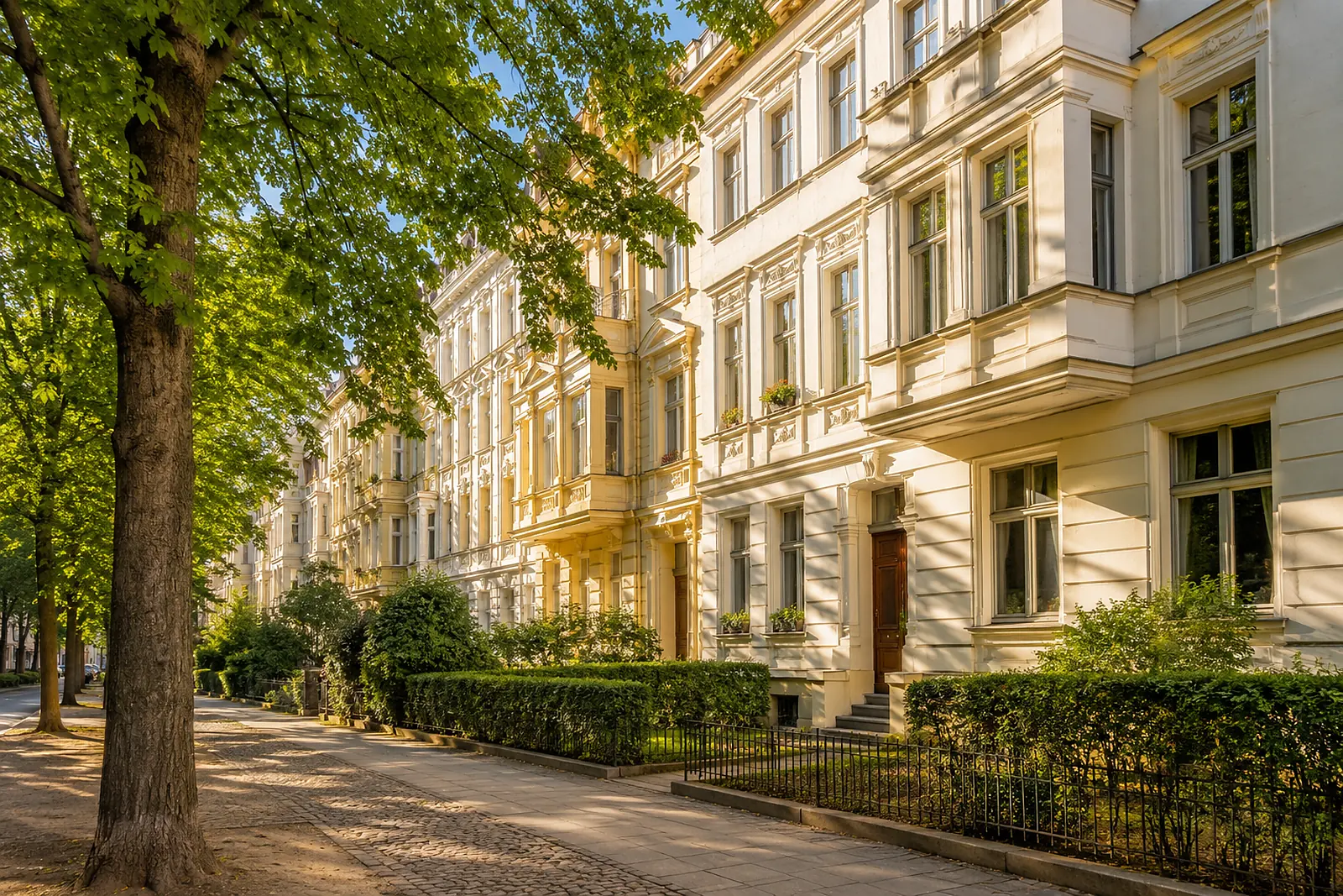 Straße mit Gründerzeithäusern, hellen Stuckfassaden und kleinen Vorgärten