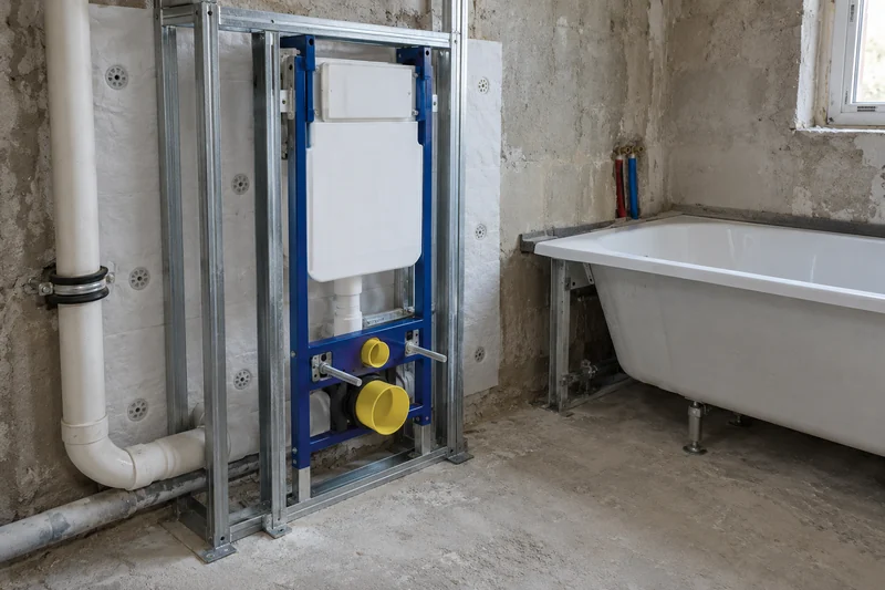 Schallschutz im Bad: Vorwand mit Dämmung und Spülkasten, entkoppelte Wanne und gedämmt befestigtes Fallrohr